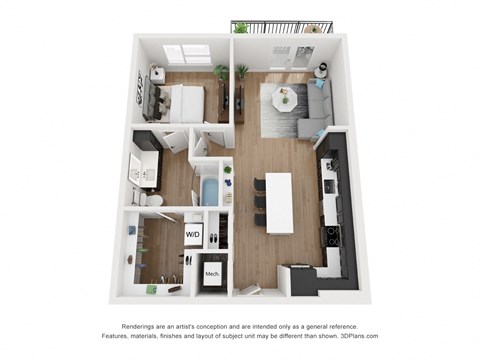 Floor plan for 1 bed, 1 bath, 785 sqft
